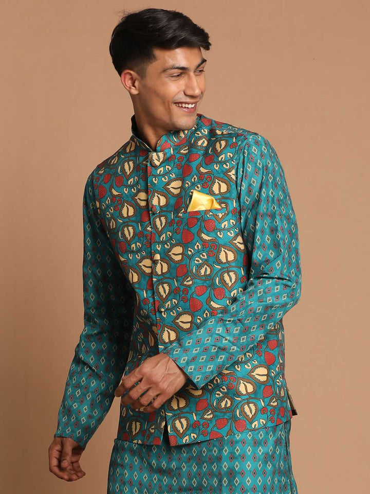 Men's Green Printed Nehru Jacket