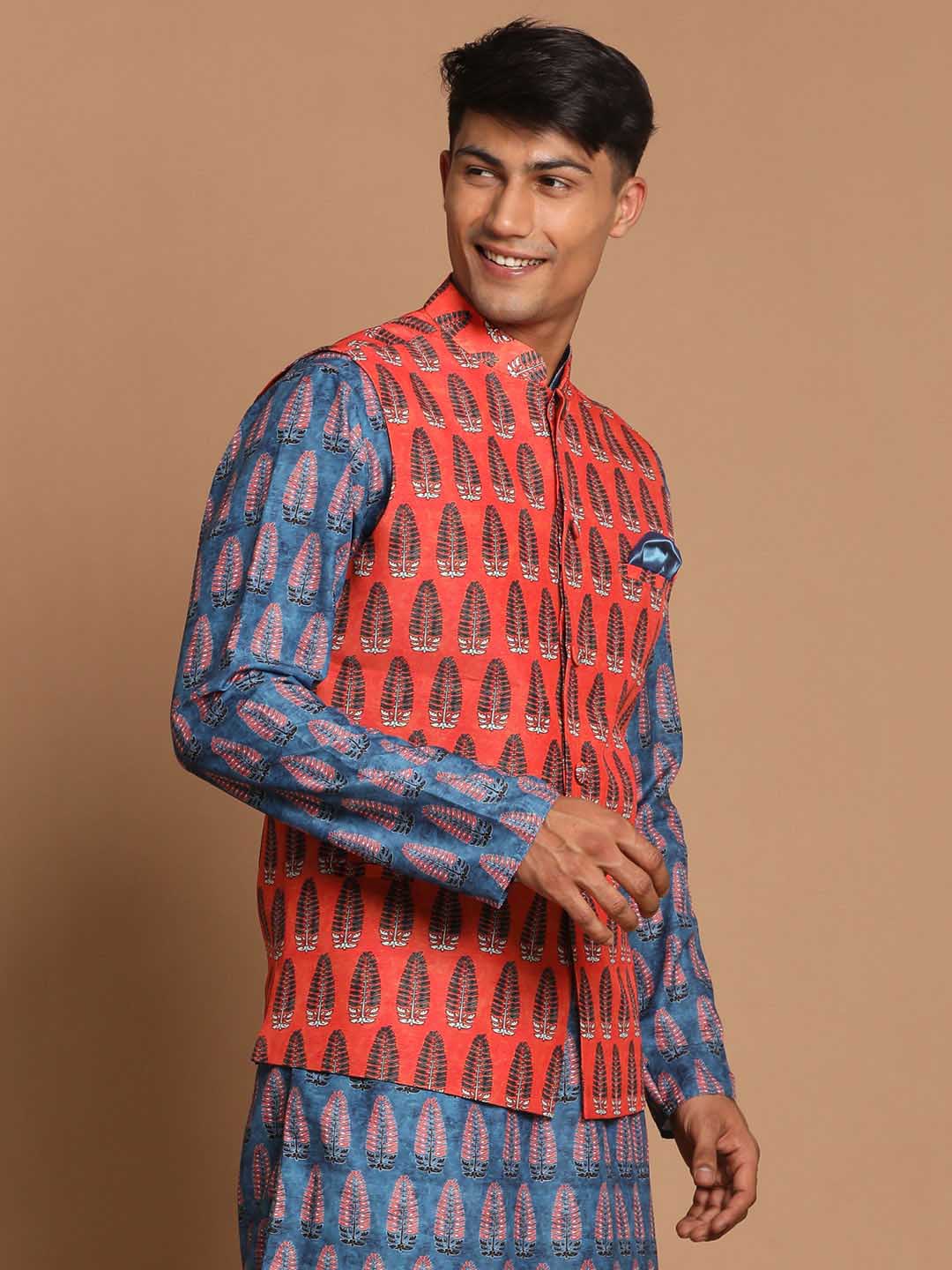 Men's Orange Printed Nehru Jacket