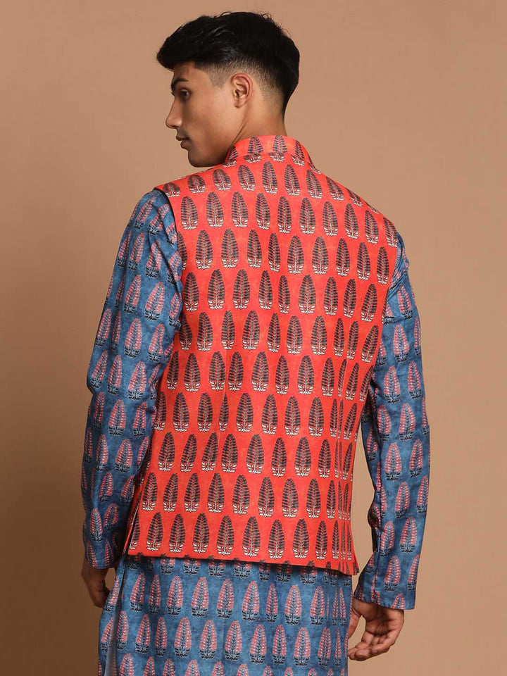 Men's Orange Printed Nehru Jacket