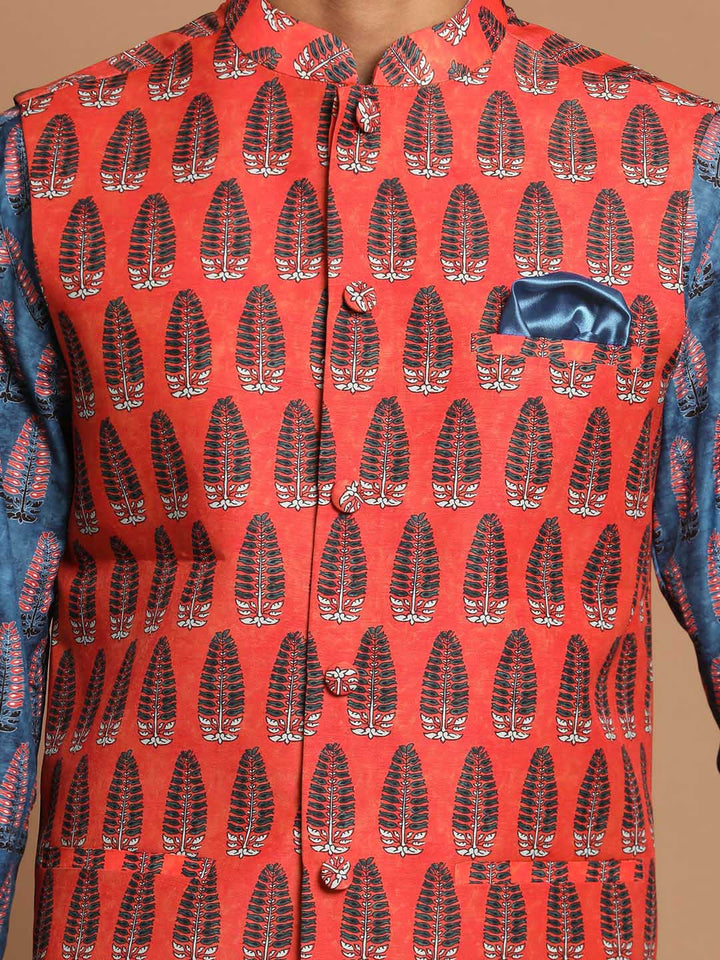 Men's Orange Printed Nehru Jacket