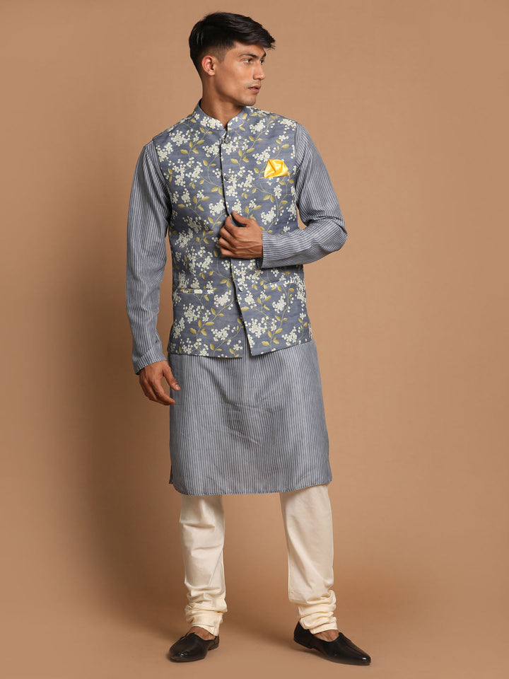 Men's Gray Floral Print Nehru Jacket