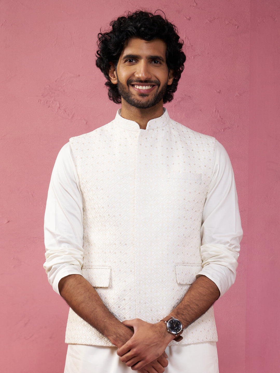 Men's Cream Kia Silk Embroidered Nehru Jacket