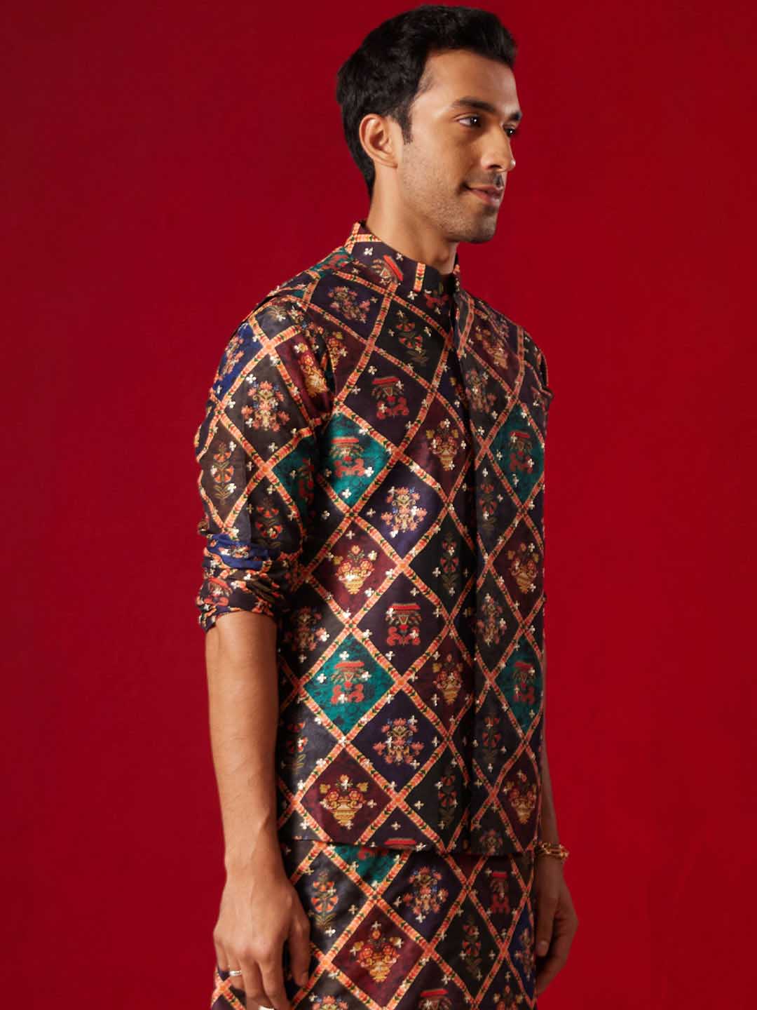 Purple Muslin Sequined Patola Print Nehru Jacket