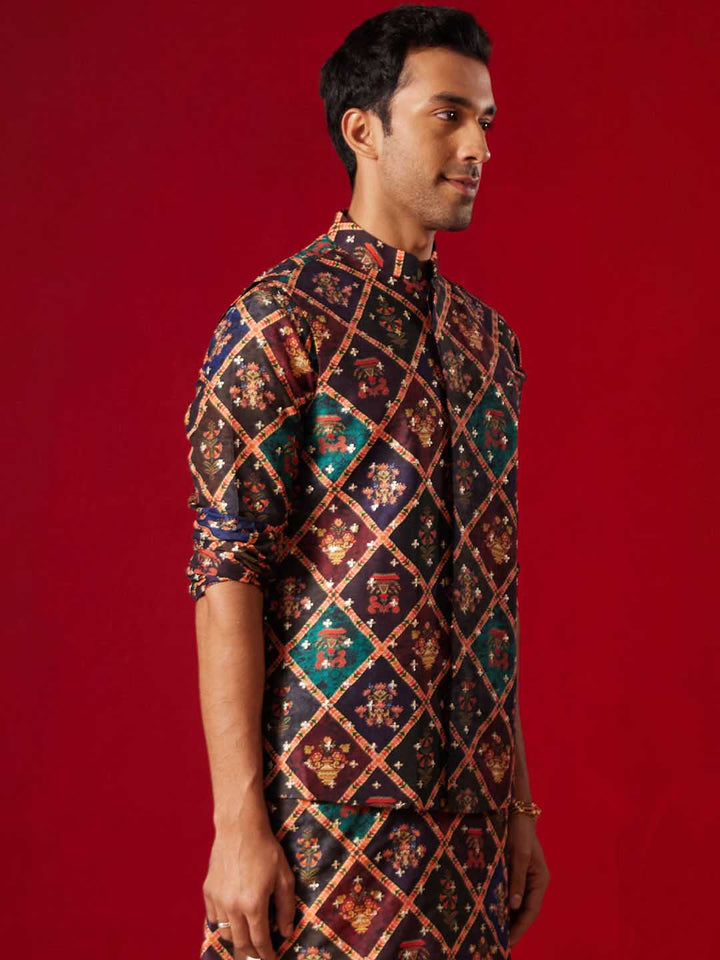 Purple Muslin Sequined Patola Print Nehru Jacket