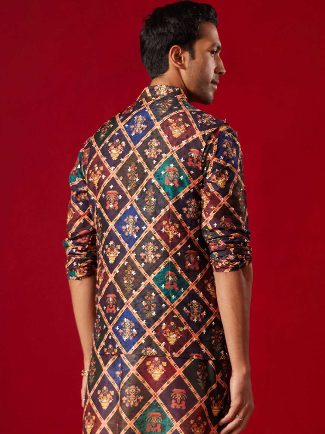 Purple Muslin Sequined Patola Print Nehru Jacket