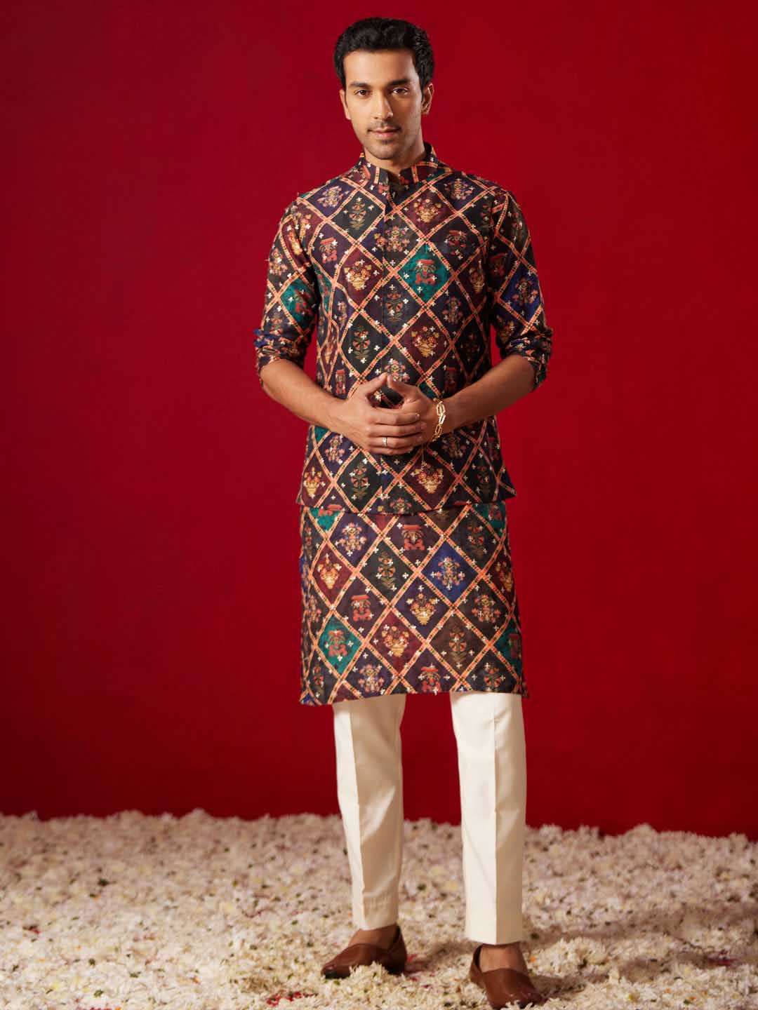 Purple Muslin Sequined Patola Print Nehru Jacket