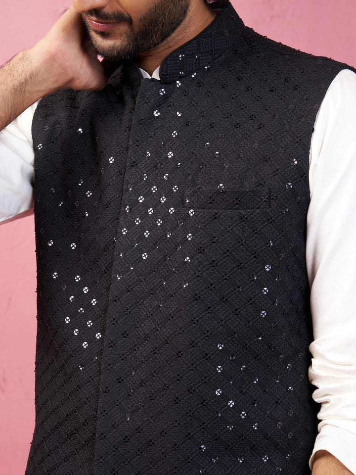Black Rayon Sequined Nehru Jacket
