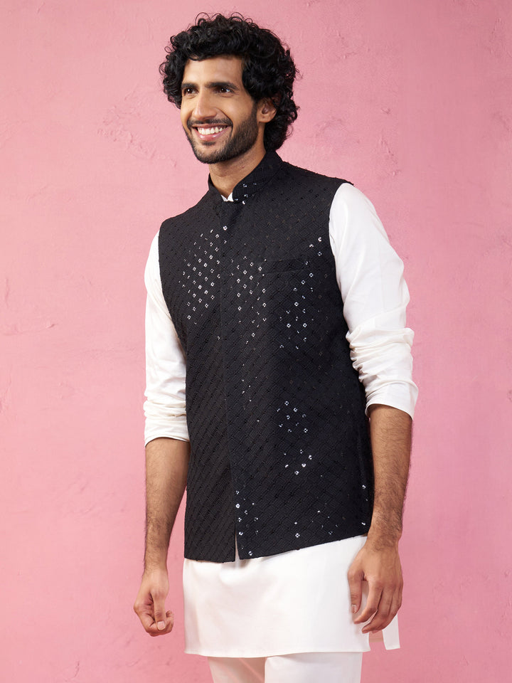 Black Rayon Sequined Nehru Jacket