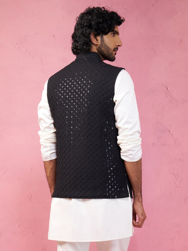 Black Rayon Sequined Nehru Jacket