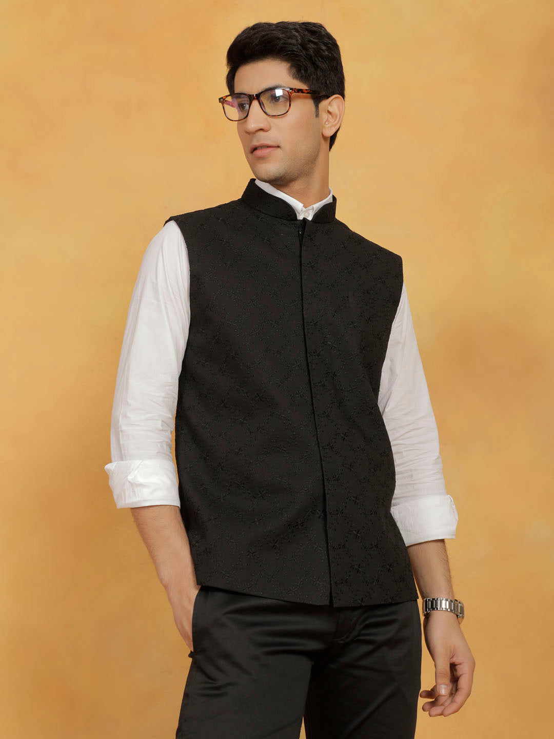 Men's Black Cotton Nehru Jacket