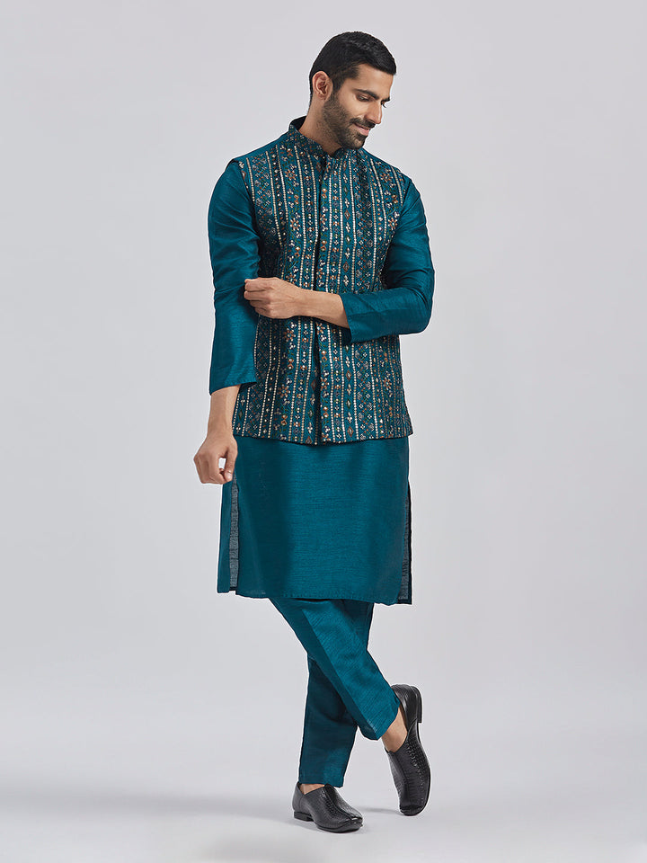 Men's Turquoise Silk Blend Nehru Jacket