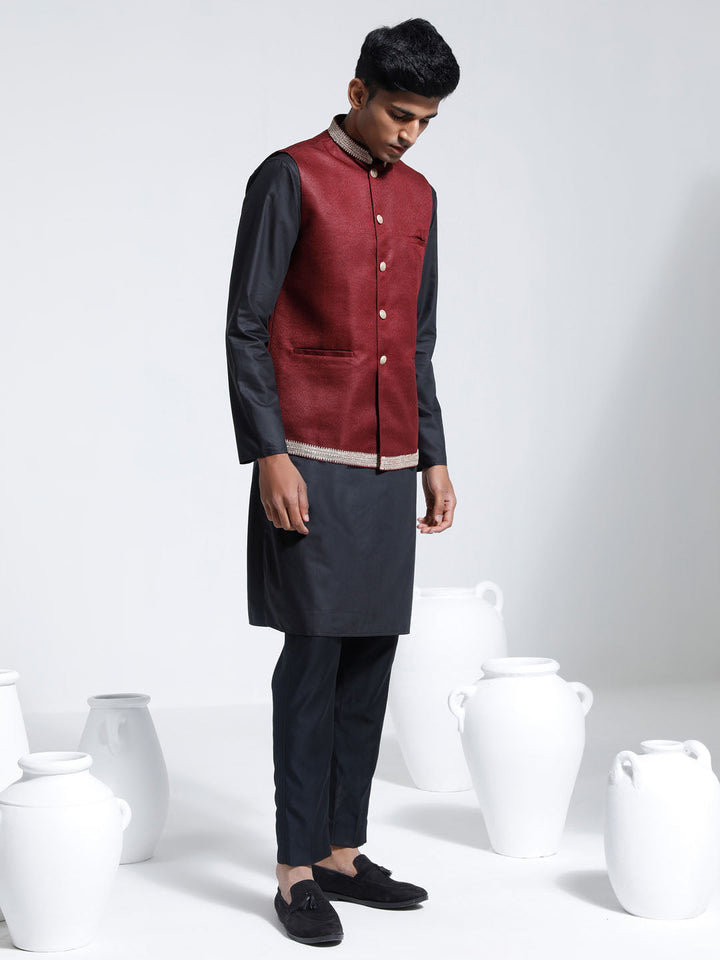 Men's Maroon Jute Nehru Jacket