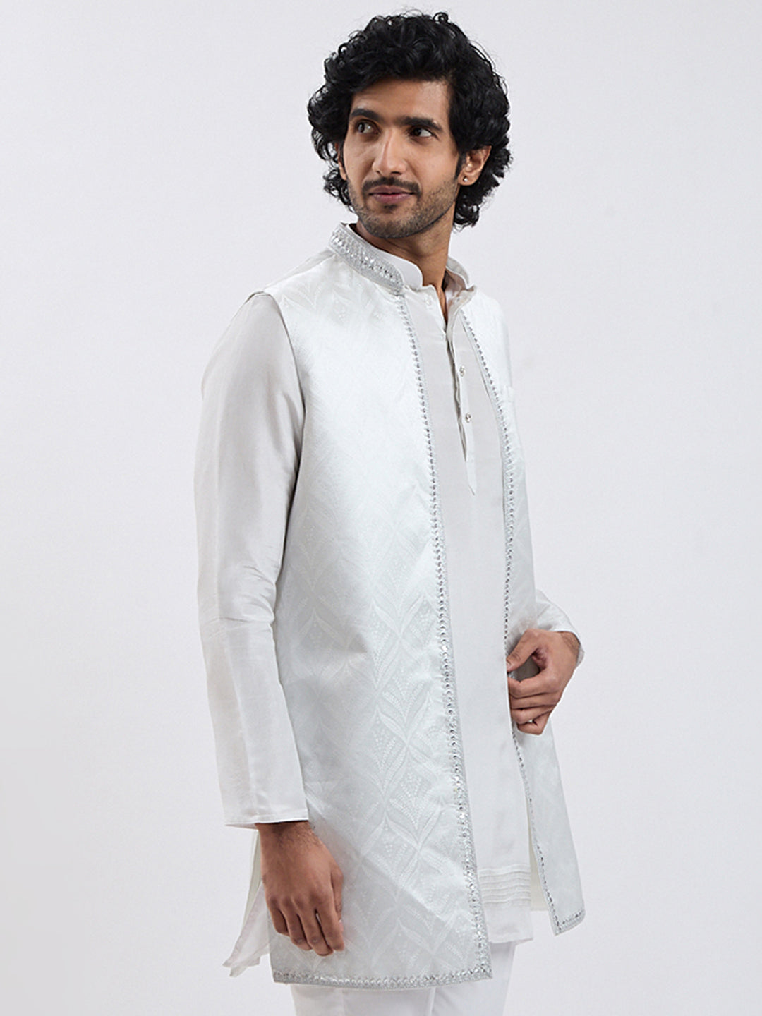 Men's Silver Cotton Blend Nehru Jacket