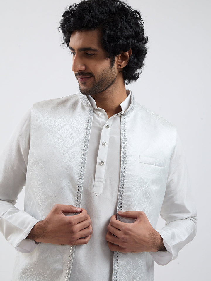 Men's Silver Cotton Blend Nehru Jacket