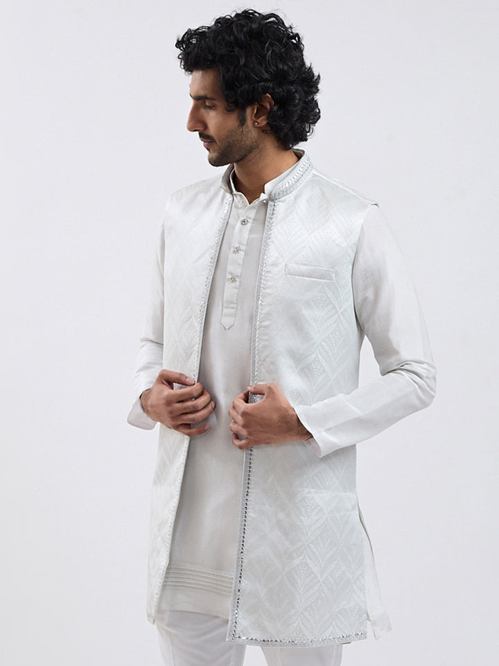Men's Silver Cotton Blend Nehru Jacket