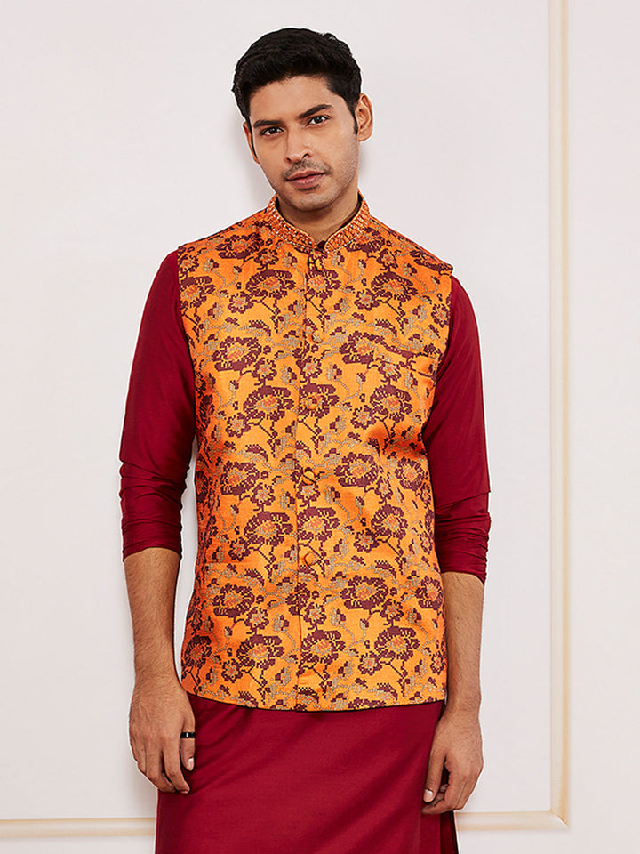 Men's Rust Silk Blend Nehru Jacket.