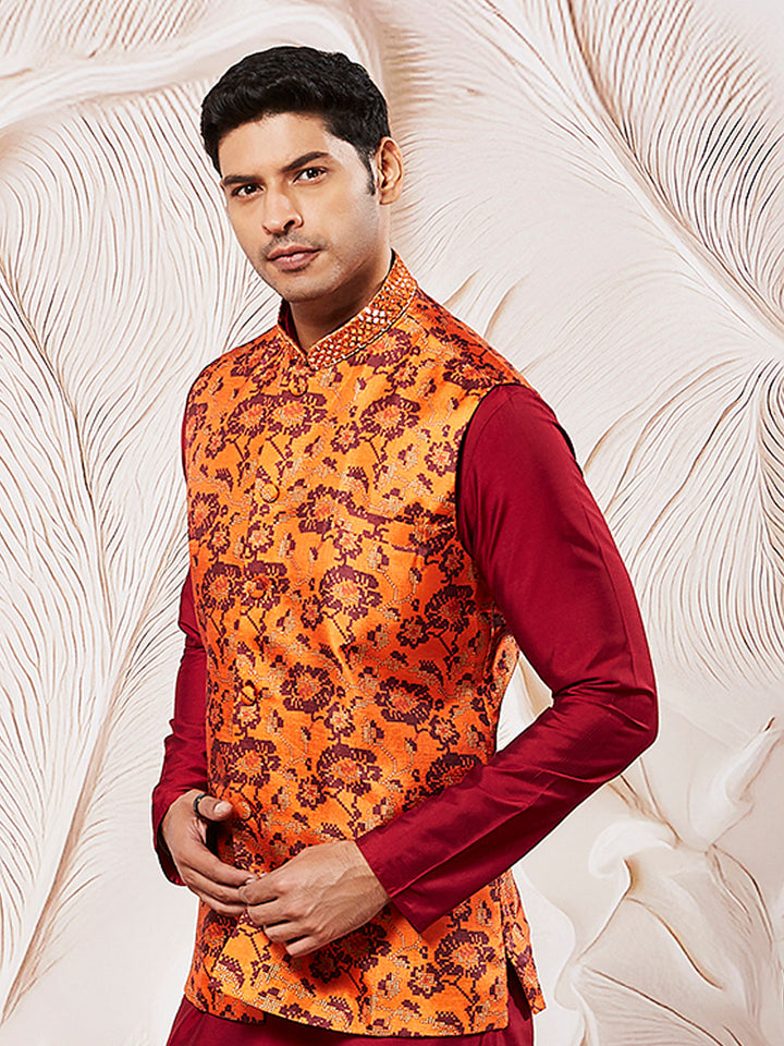 Men's Rust Silk Blend Nehru Jacket.