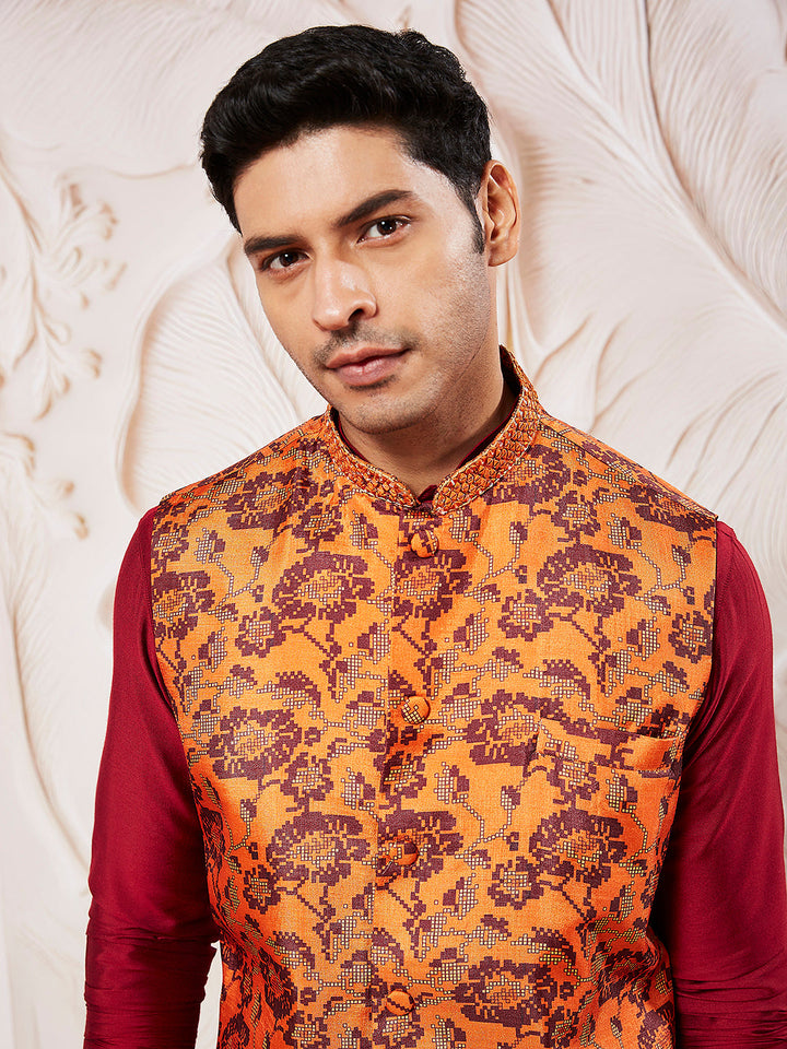 Men's Rust Silk Blend Nehru Jacket.