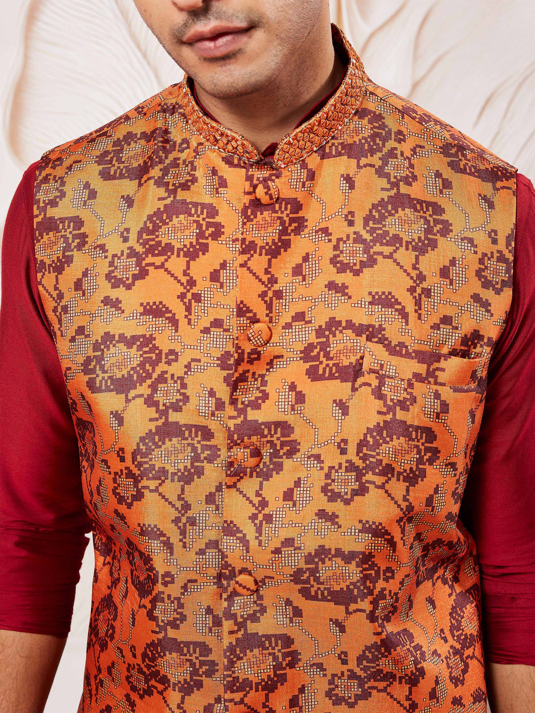 Men's Rust Silk Blend Nehru Jacket.
