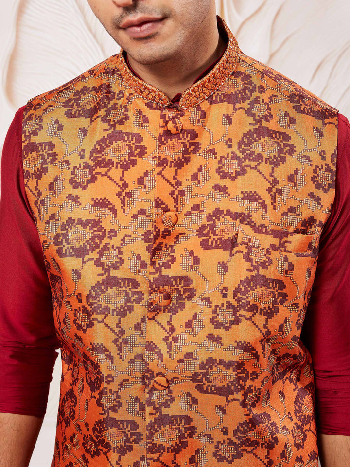 Men's Rust Silk Blend Nehru Jacket.