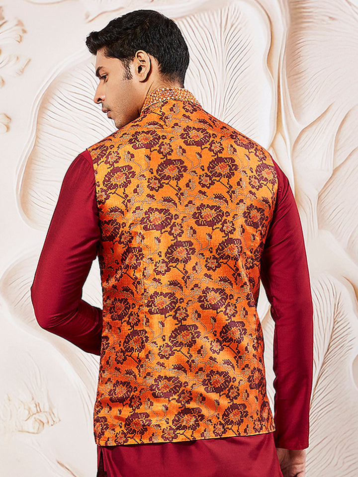 Men's Rust Silk Blend Nehru Jacket.