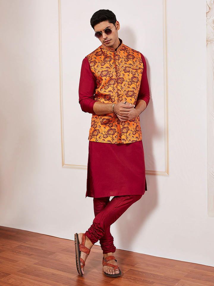 Men's Rust Silk Blend Nehru Jacket.