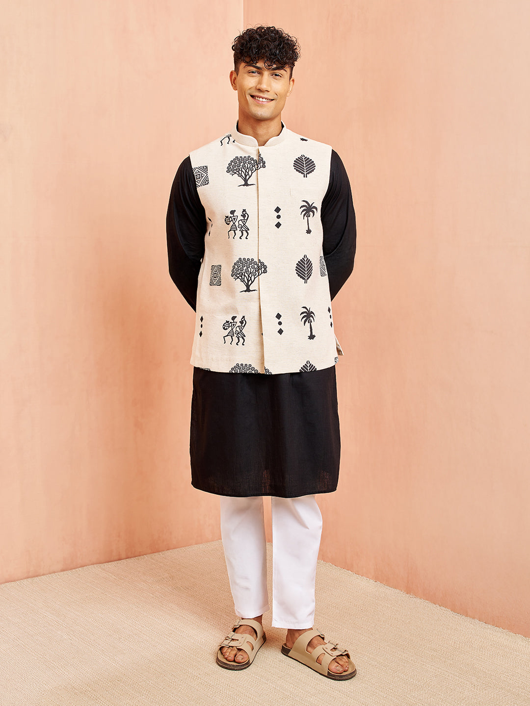 Men's Cream Block Print Nehru Jacket Black Kurta White Pyjama Set