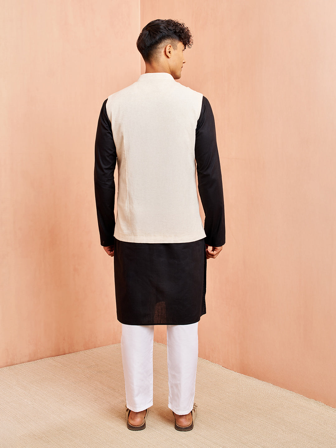 Men's Cream Block Print Nehru Jacket Black Kurta White Pyjama Set