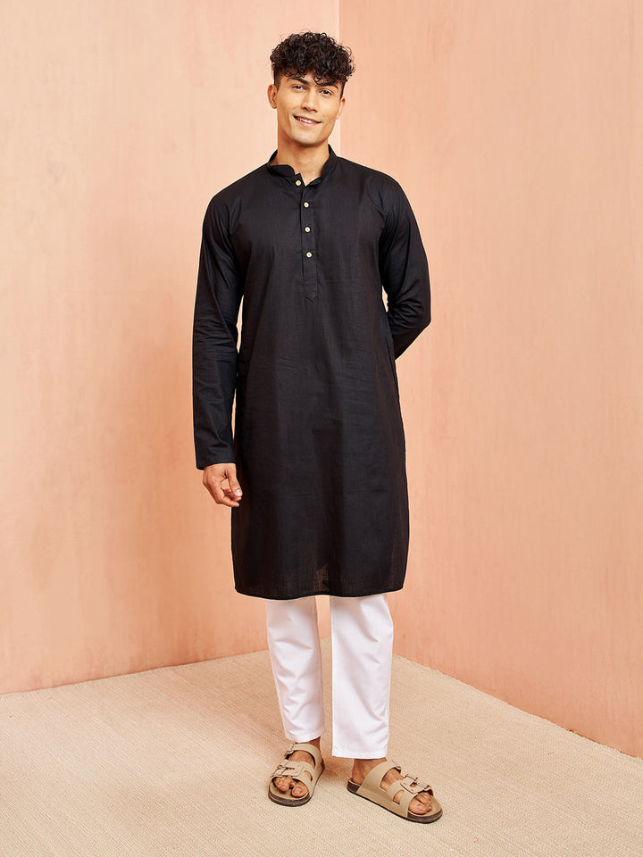 Men's Cream Block Print Nehru Jacket Black Kurta White Pyjama Set