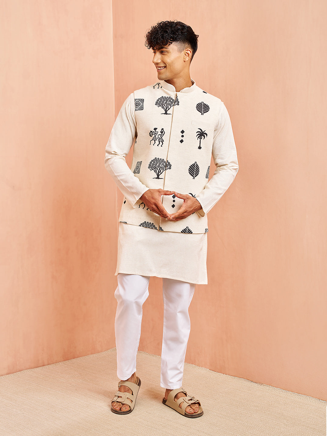 Men's Cream Block Print Nehru Jacket with Mid Length Kurta Pyjama Set