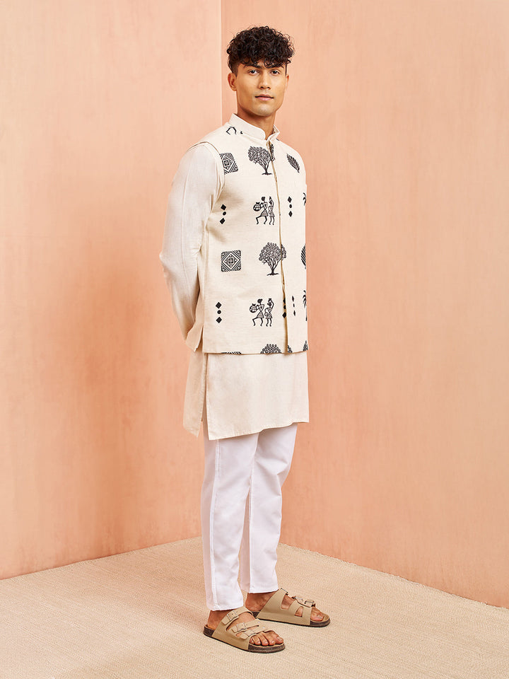 Men's Cream Block Print Nehru Jacket with Mid Length Kurta Pyjama Set
