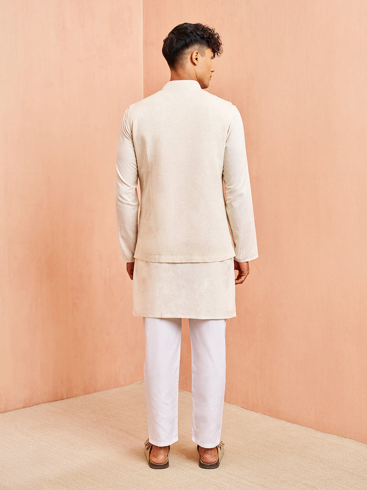 Men's Cream Block Print Nehru Jacket with Mid Length Kurta Pyjama Set