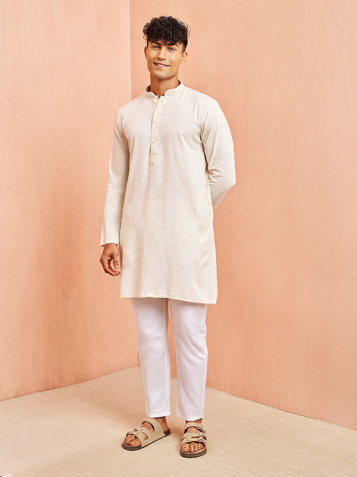Men's Cream Block Print Nehru Jacket with Mid Length Kurta Pyjama Set