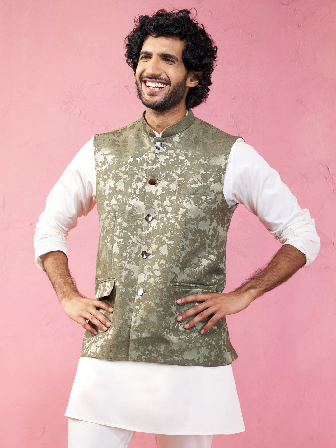 Men's Mehendi Green Monty Jacquard Nehru Jacket
