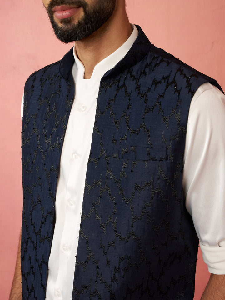 Men's Navy Blue Maharaja Jacquard Nehru Jacket