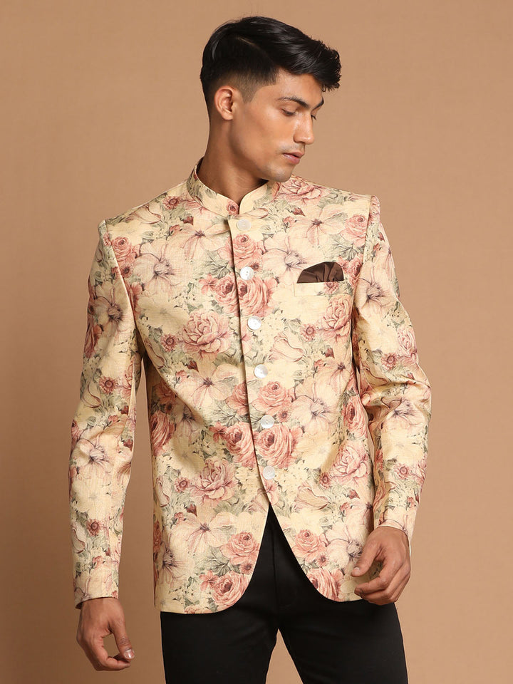 Men's Beige Printed Jodhpuri