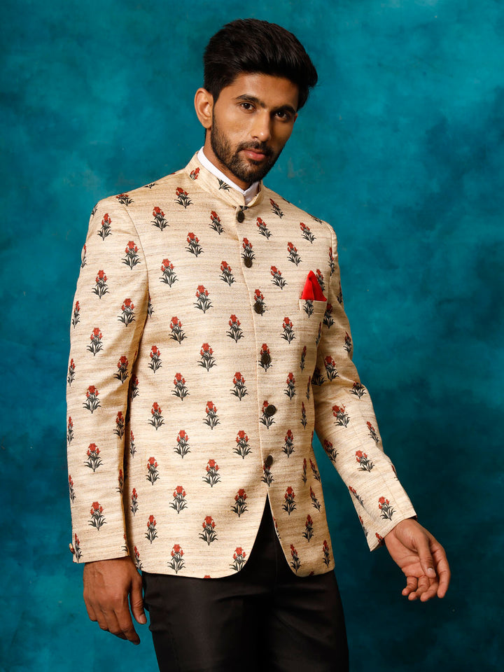Men's Beige Printed Silk Jodhpuri