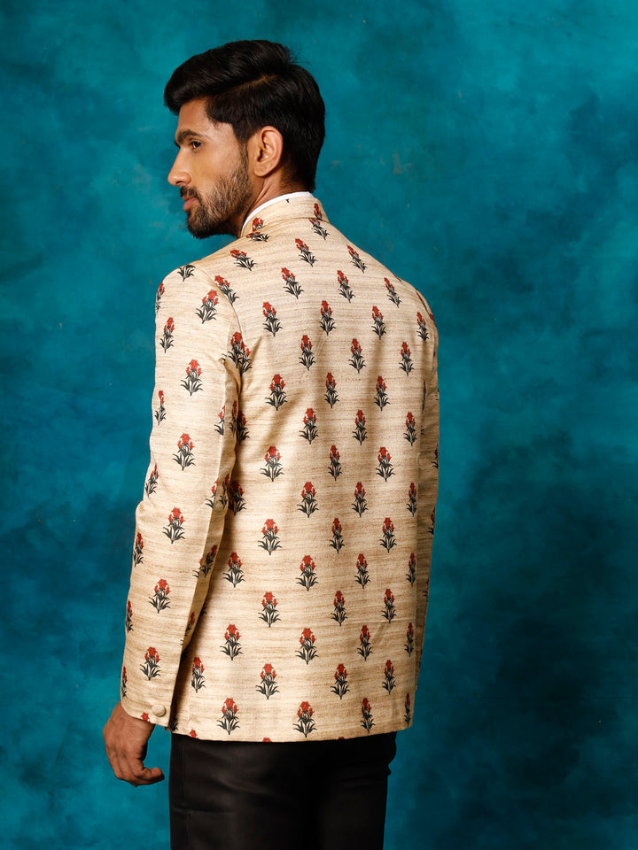 Men's Beige Printed Silk Jodhpuri