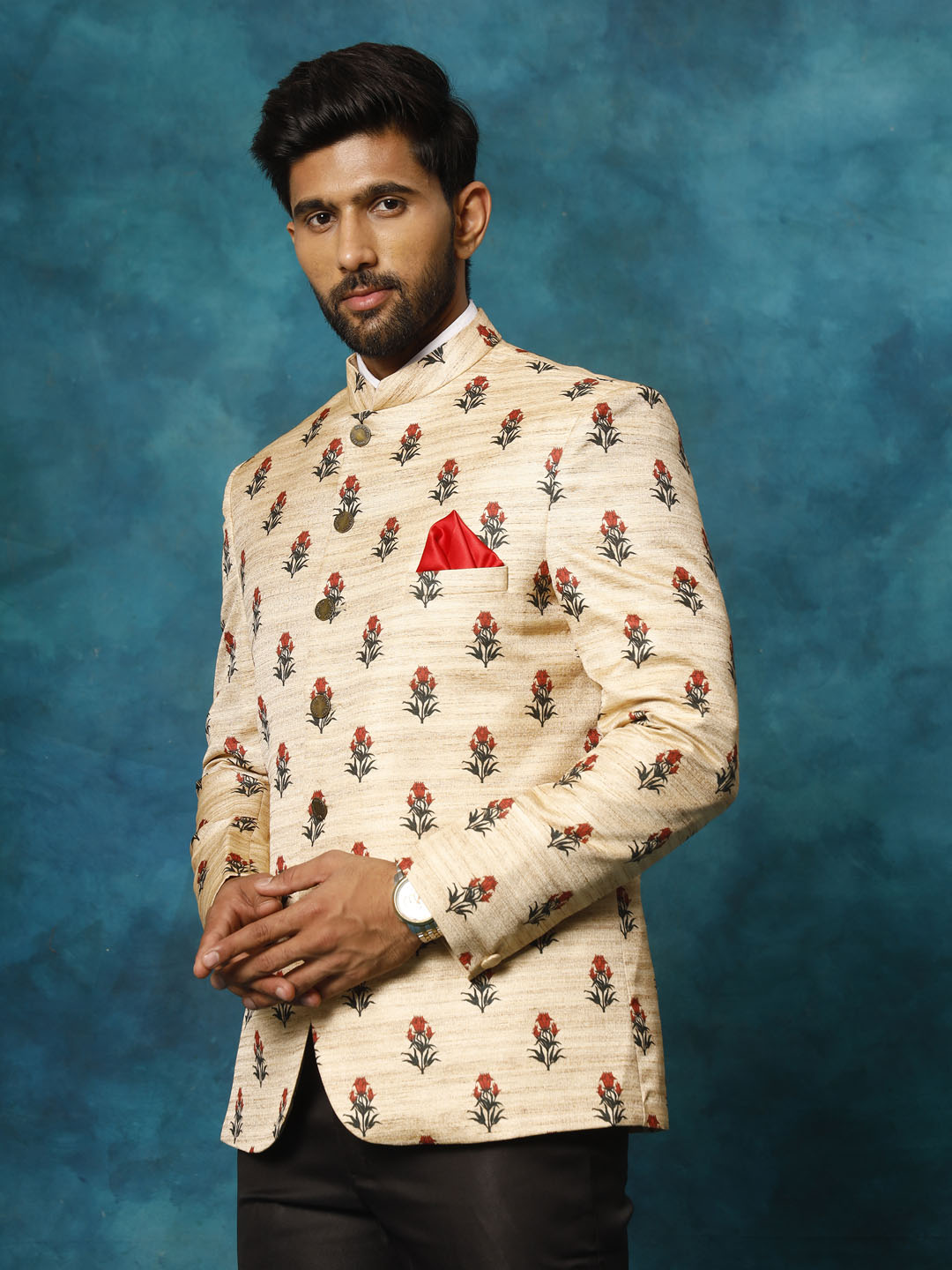 Men's Beige Printed Silk Jodhpuri