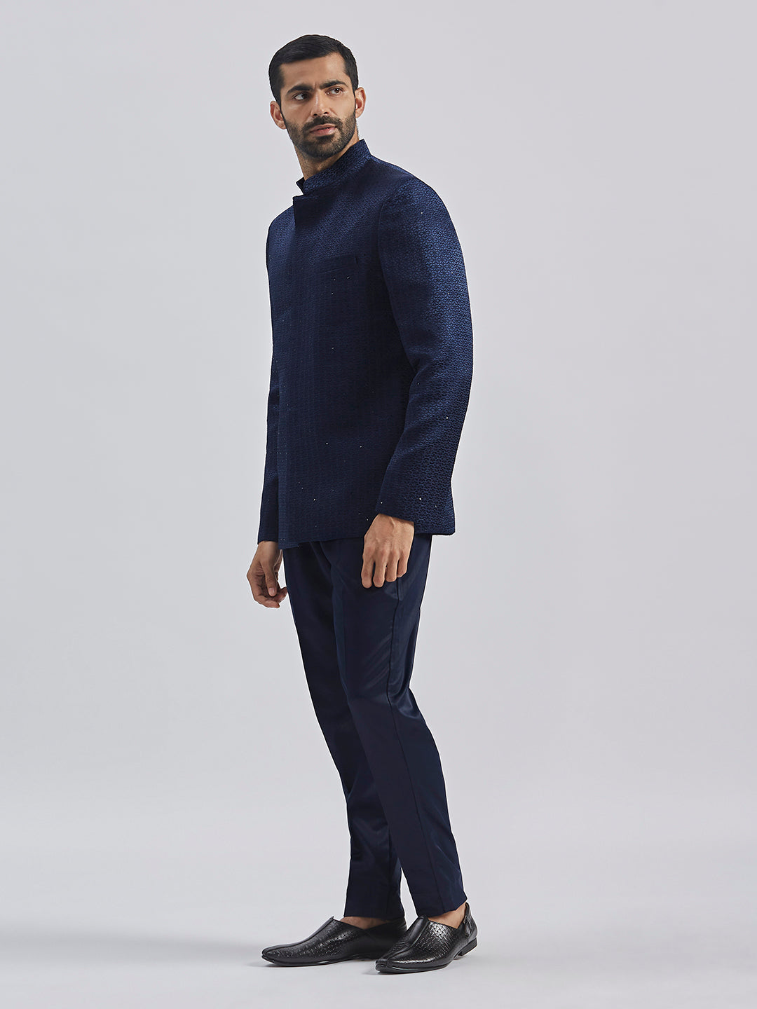 Men's Navy Blue Silk Blend Jodhpuri Pyjama Set