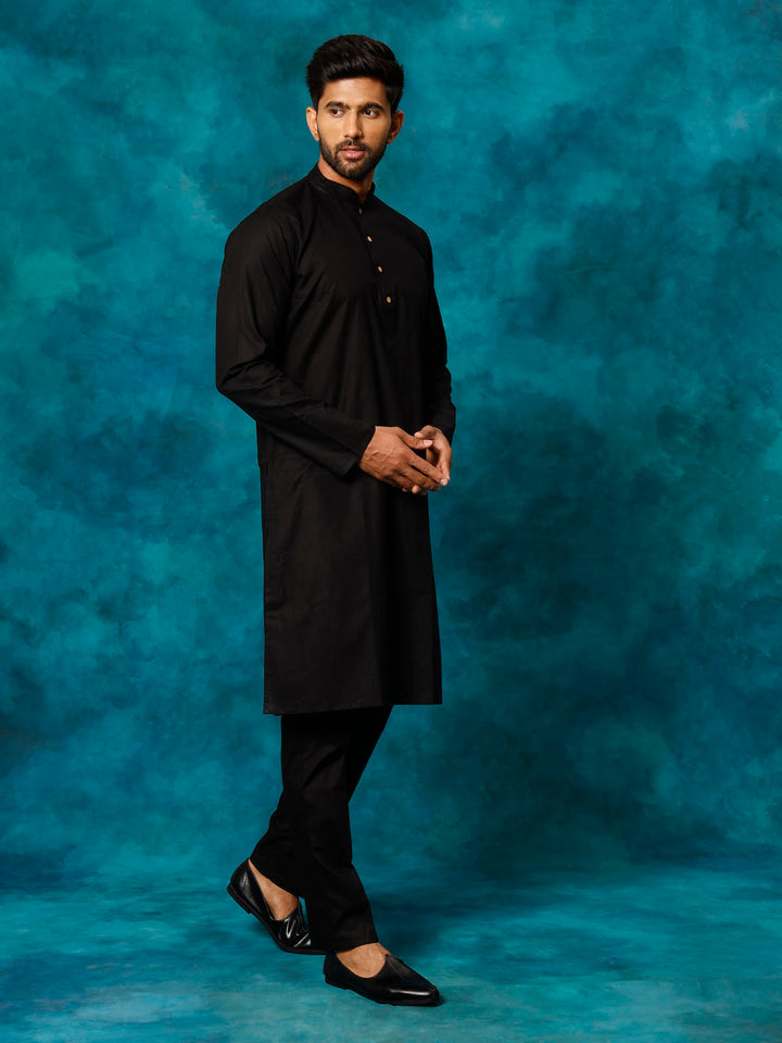 Men's Black Cotton Blend Kurta Pyjama Set