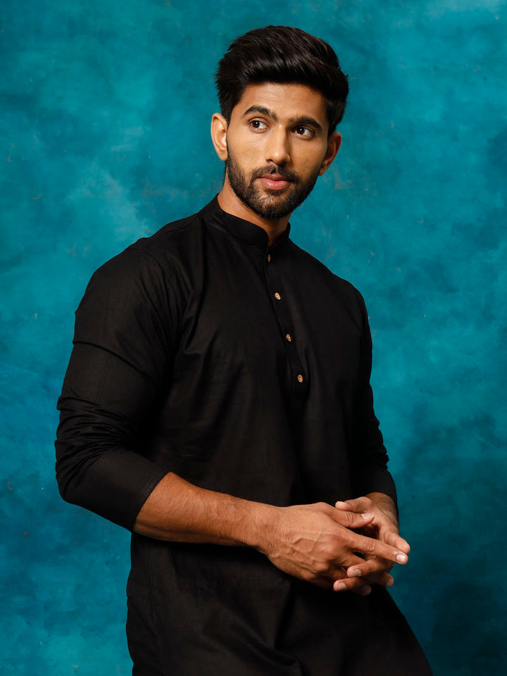 Men's Black Cotton Blend Kurta Pyjama Set