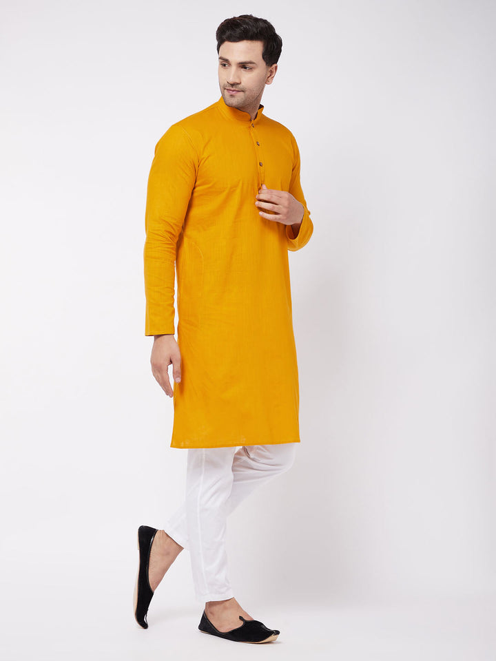 Men's Mustard And White Solid Cotton Blend Kurta Pyjama Set