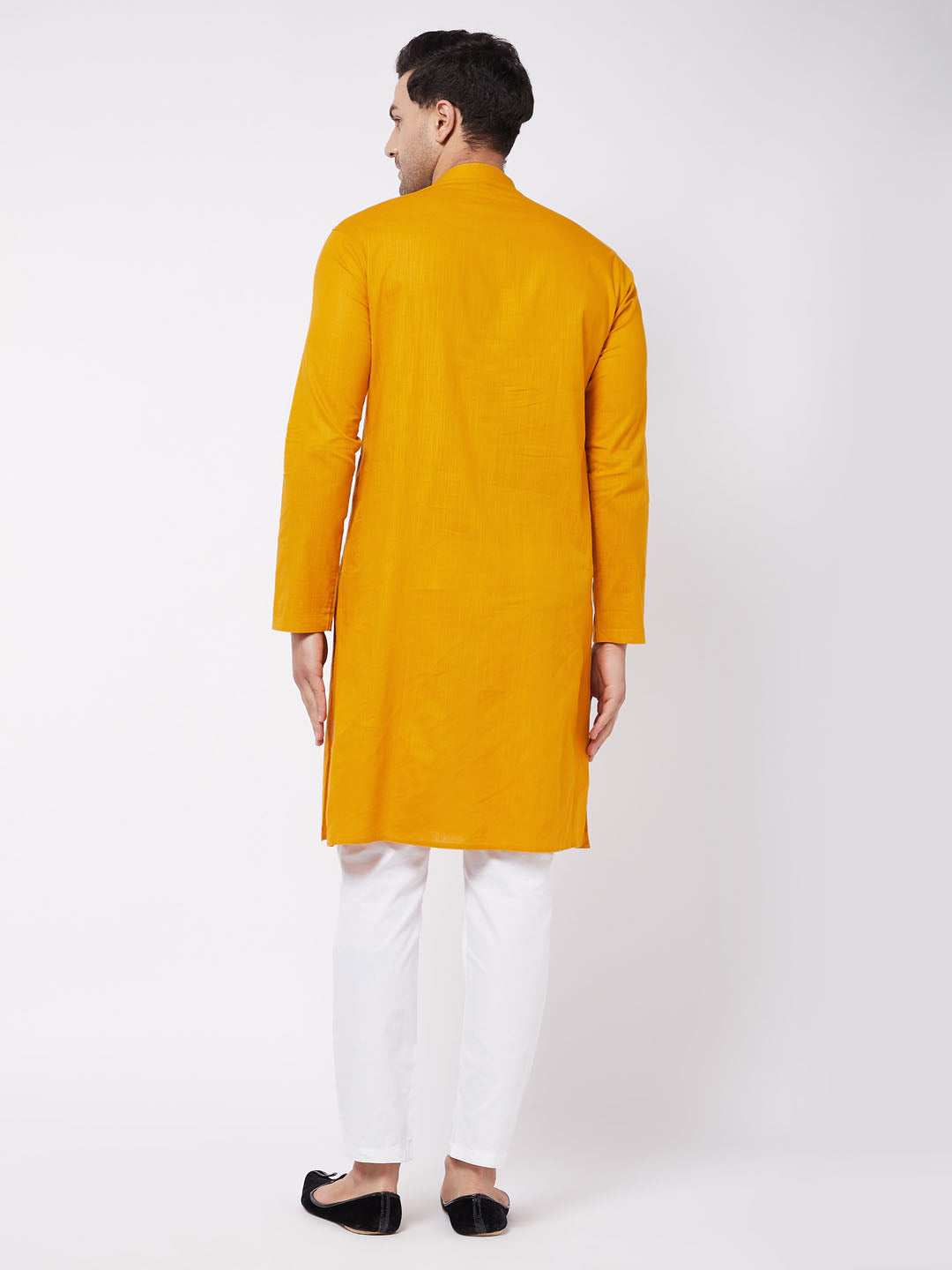 Men's Mustard And White Solid Cotton Blend Kurta Pyjama Set