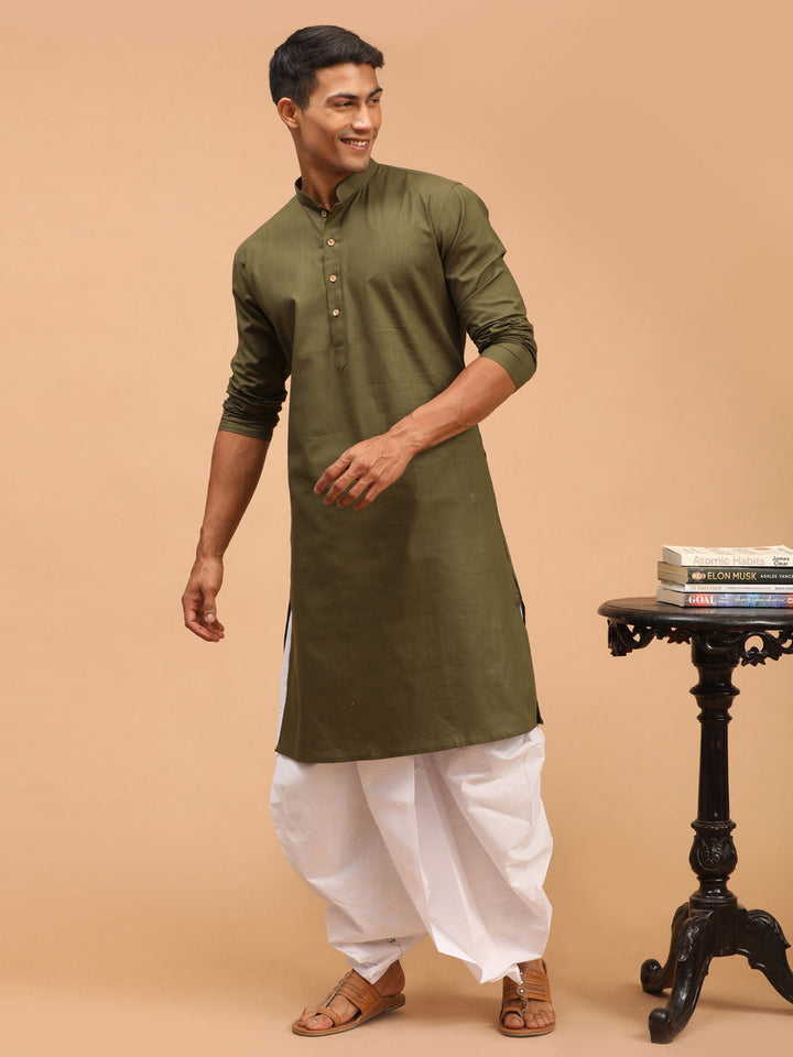 Men's Mehdi Green Solid Cotton Blend Kurta And White Dhoti Set