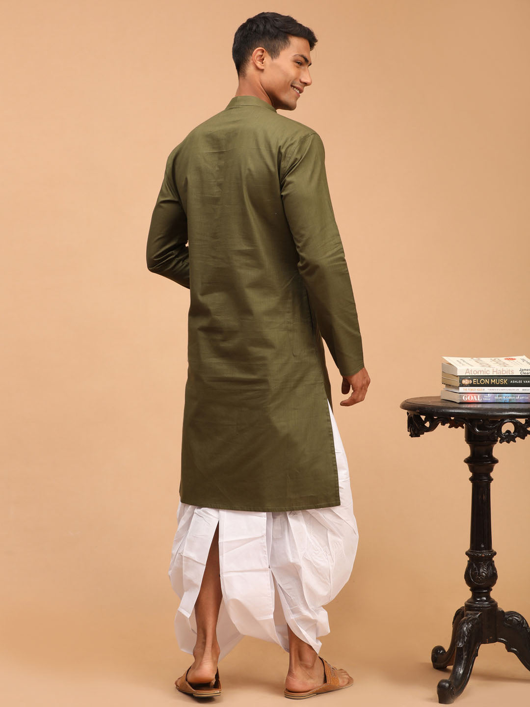 Men's Mehdi Green Solid Cotton Blend Kurta And White Dhoti Set