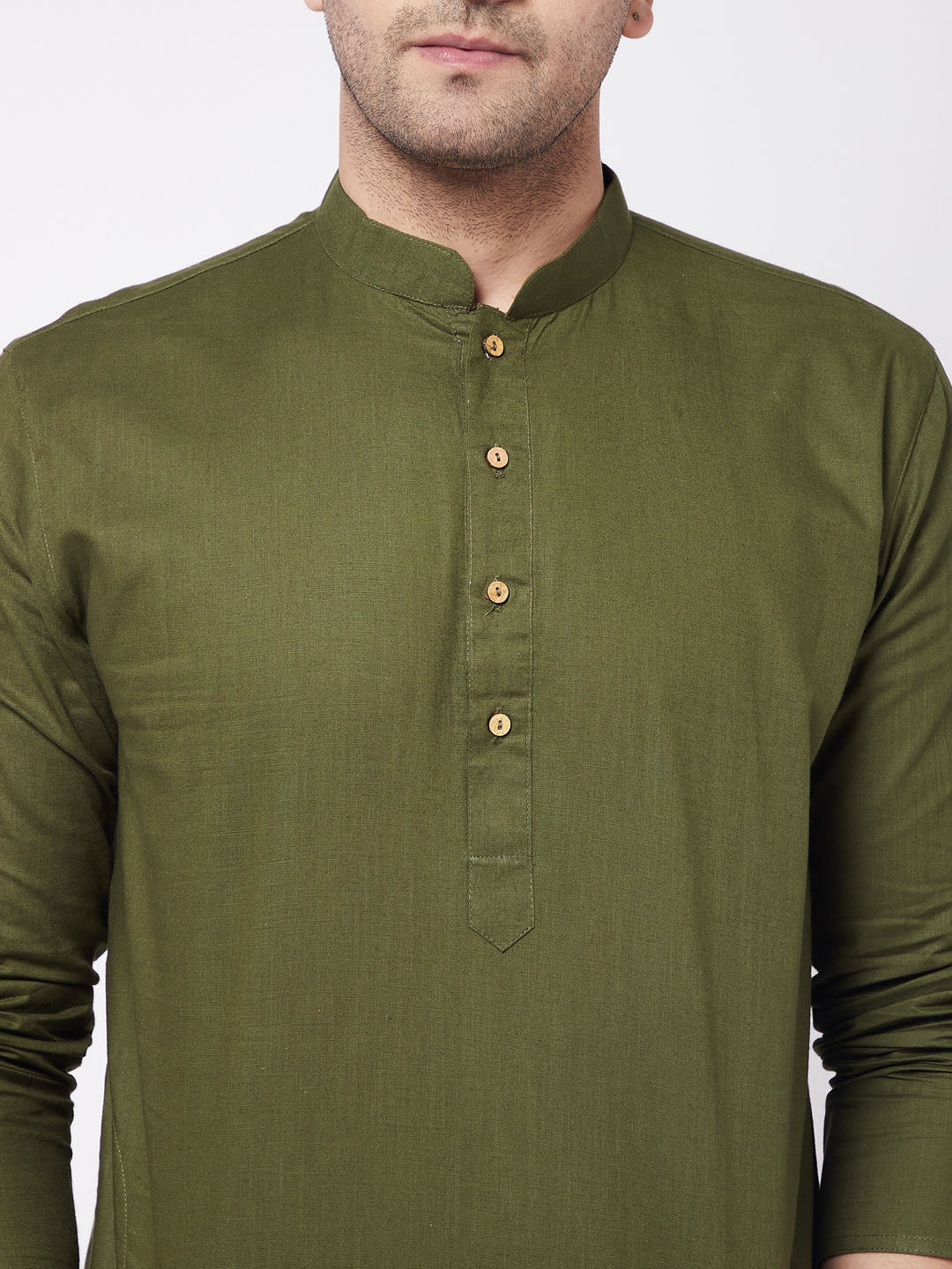 Men's Mehendi Green Solid Cotton Blend Kurta And White  Pyjama Set