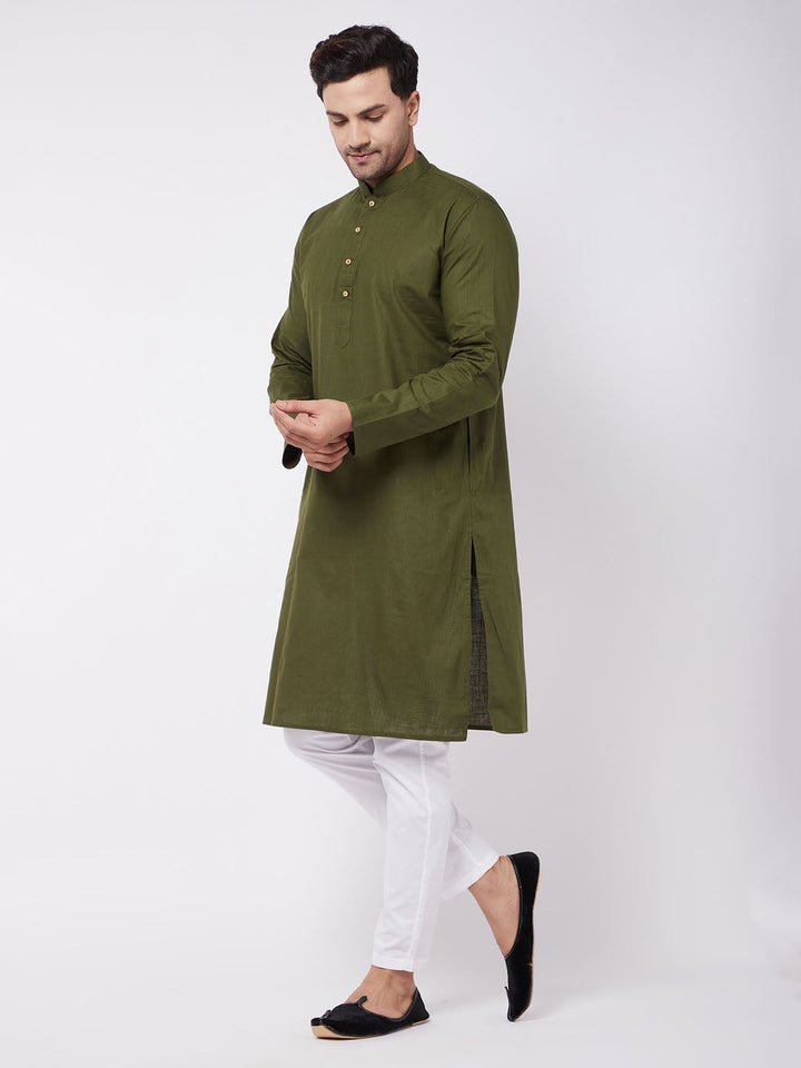 Men's Mehendi Green Solid Cotton Blend Kurta And White Cotton Pant Set