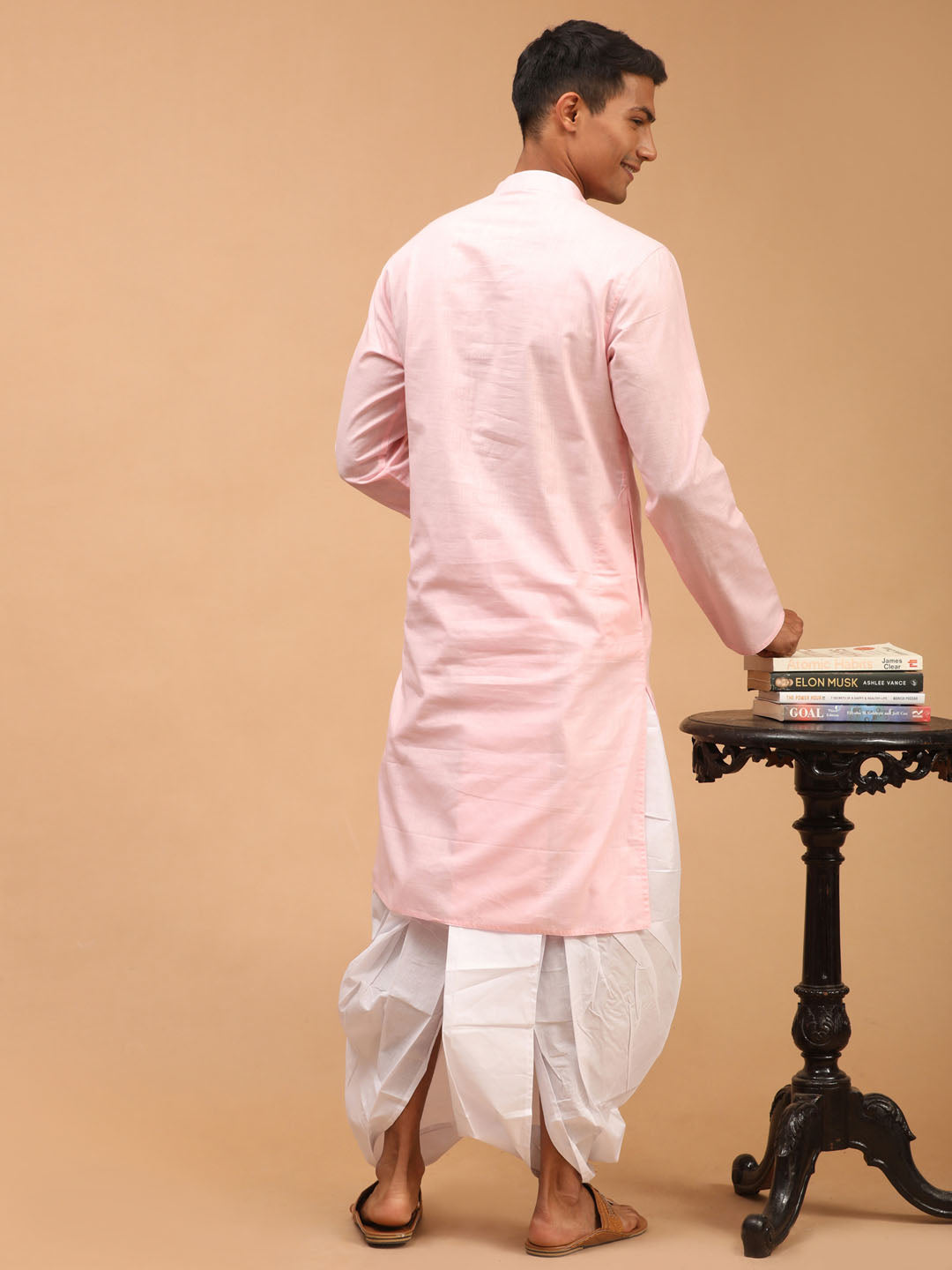 Men's Pink Cotton Kurta And White Solid Dhoti Set