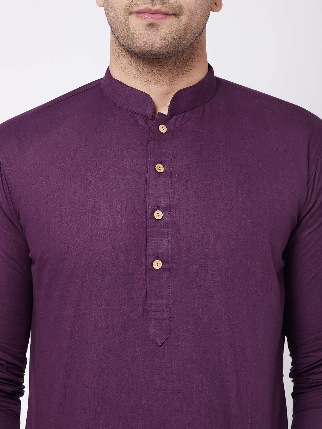 Men's Purple  Solid Cotton Blend Kurta And White Pyjama Set